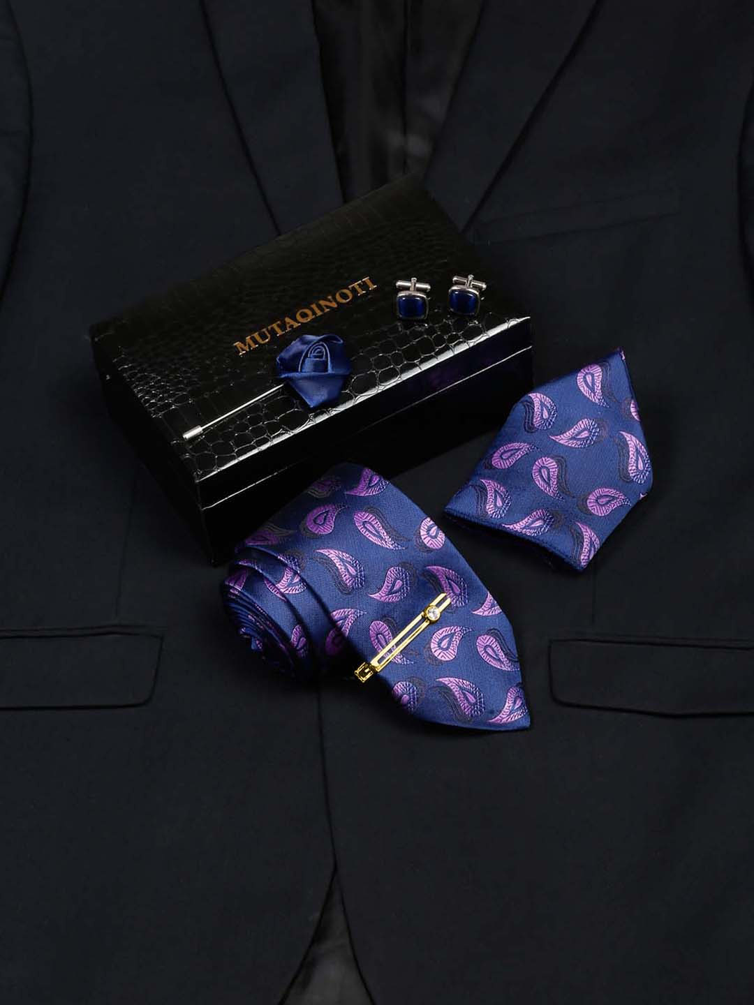 MUTAQINOTI Men Yale Blue Micro Silk Necktie Accessory Gift Set