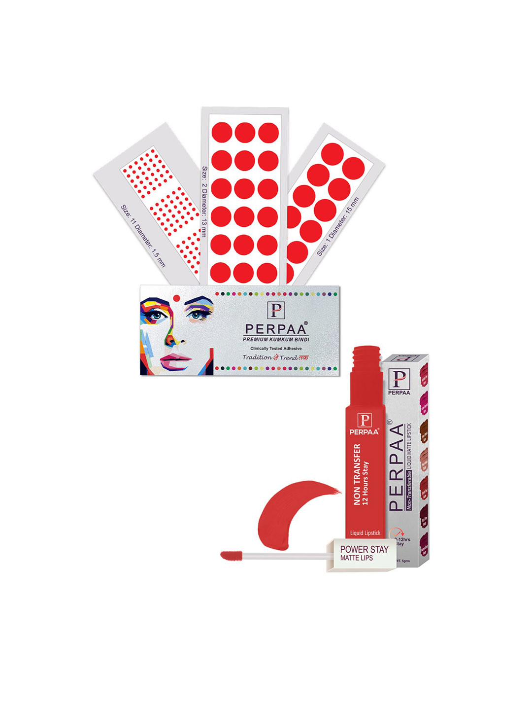 PERPAA Power Stay Non Transfer Lipstick-01 & Set of 3 Premium Red Bindis - Size 01,02,11