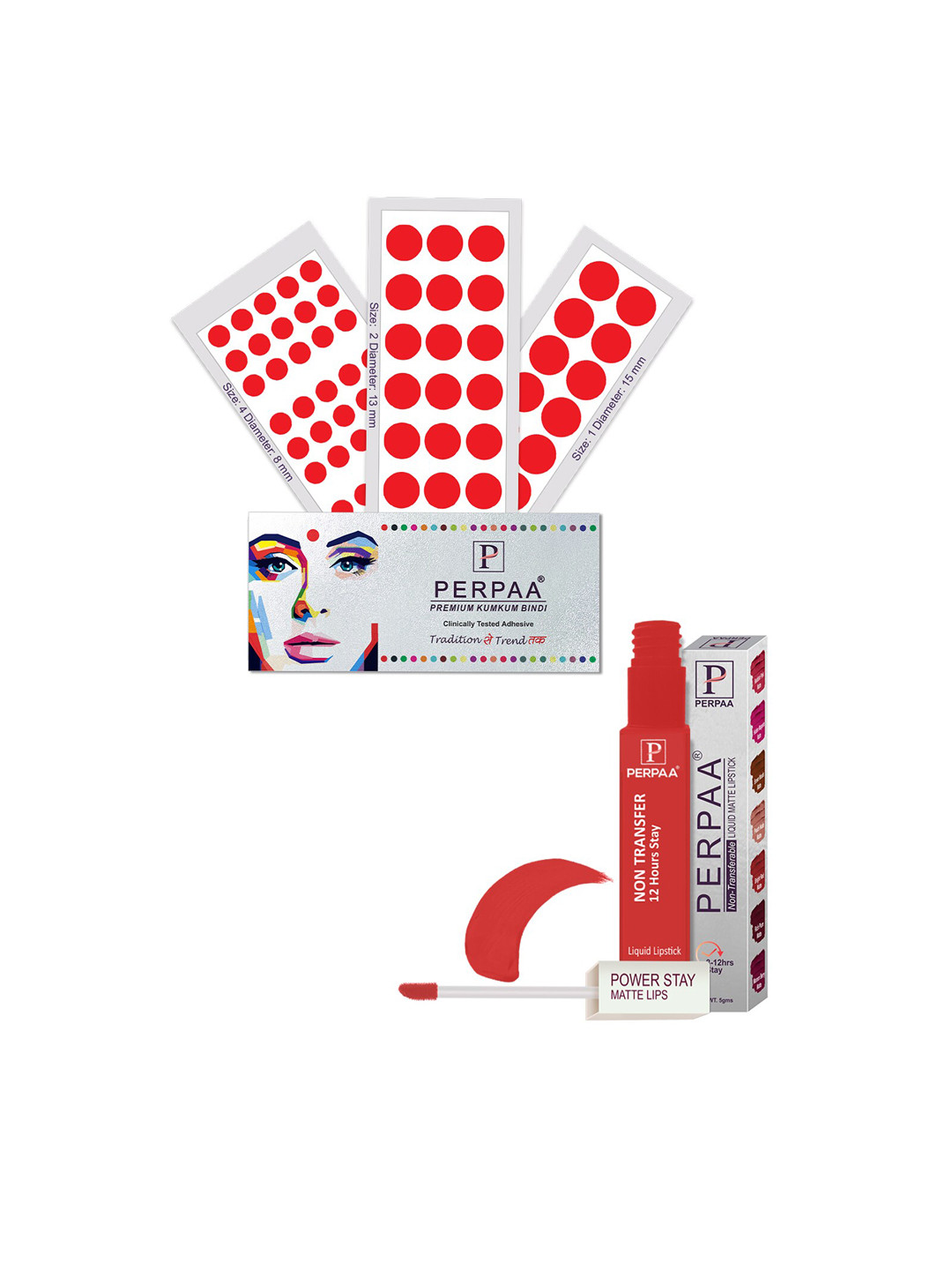PERPAA Power Stay Non Transfer Lipstick-01 & Set of 3 Premium Red Bindis - Size 01,02,04