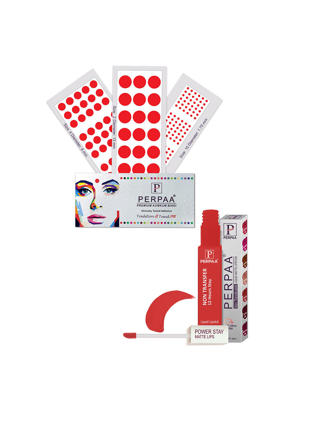 PERPAA Power Stay Non Transfer Lipstick-01 & Set of 3 Premium Red Bindis - Size 02,10,04