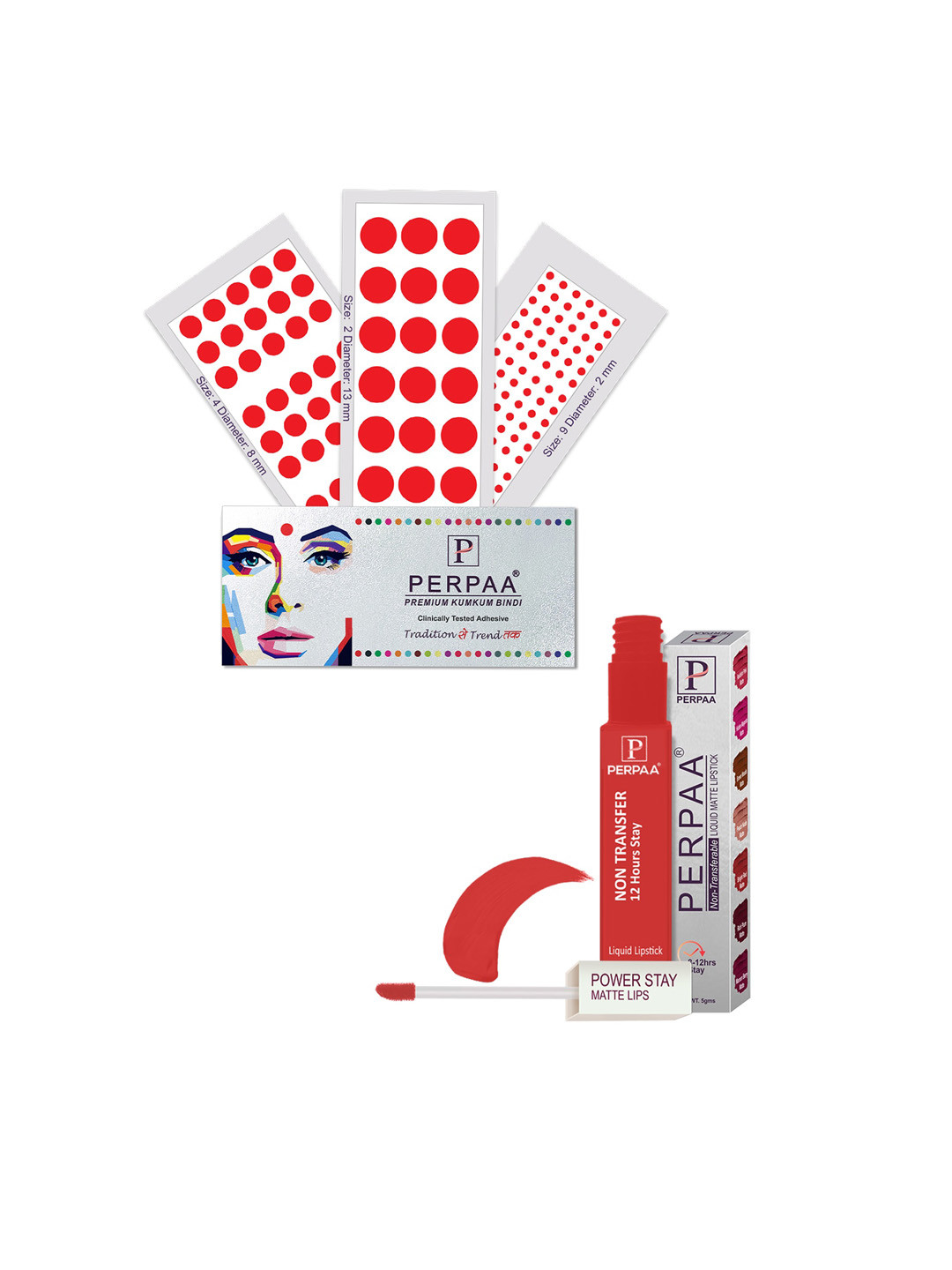 PERPAA Power Stay Non Transfer Lipstick - Shade 01 & Set of 3 Premium Red Bindis