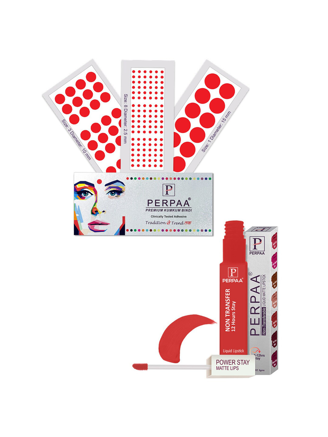 PERPAA Power Stay Liquid Lipstick - 01 with 3 Premium Red Bindi Flaps - Size 01,03,08