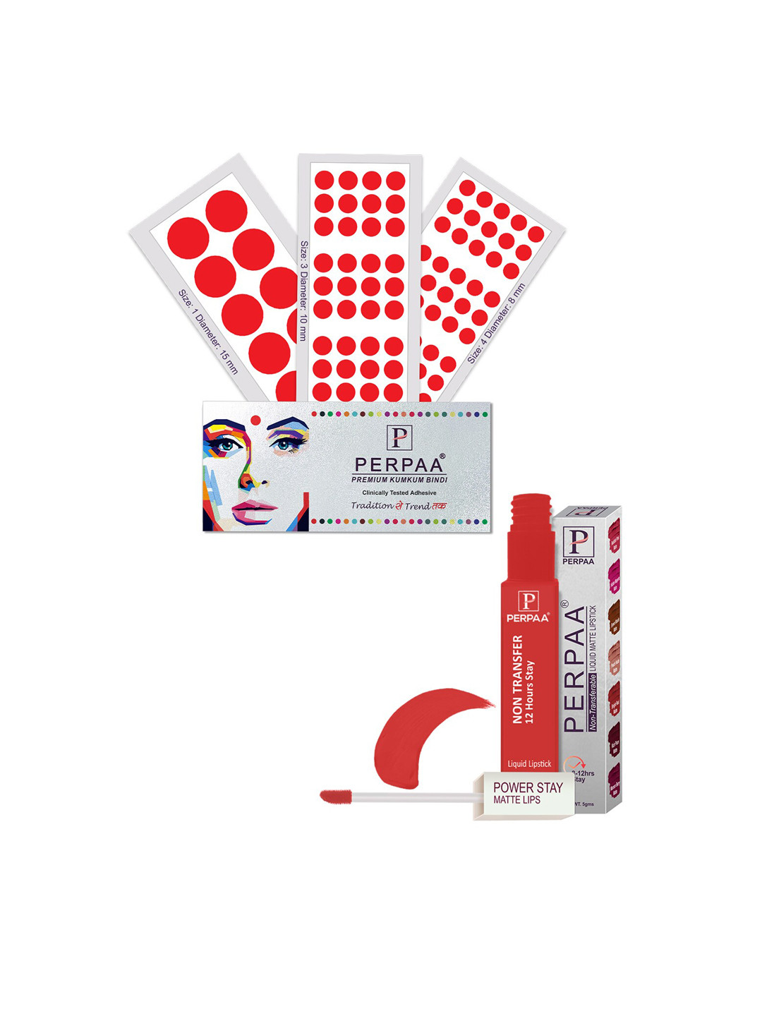 PERPAA Power Stay Liquid Lipstick - 01 with 3 Premium Red Bindi Flaps - Size 01,03,04