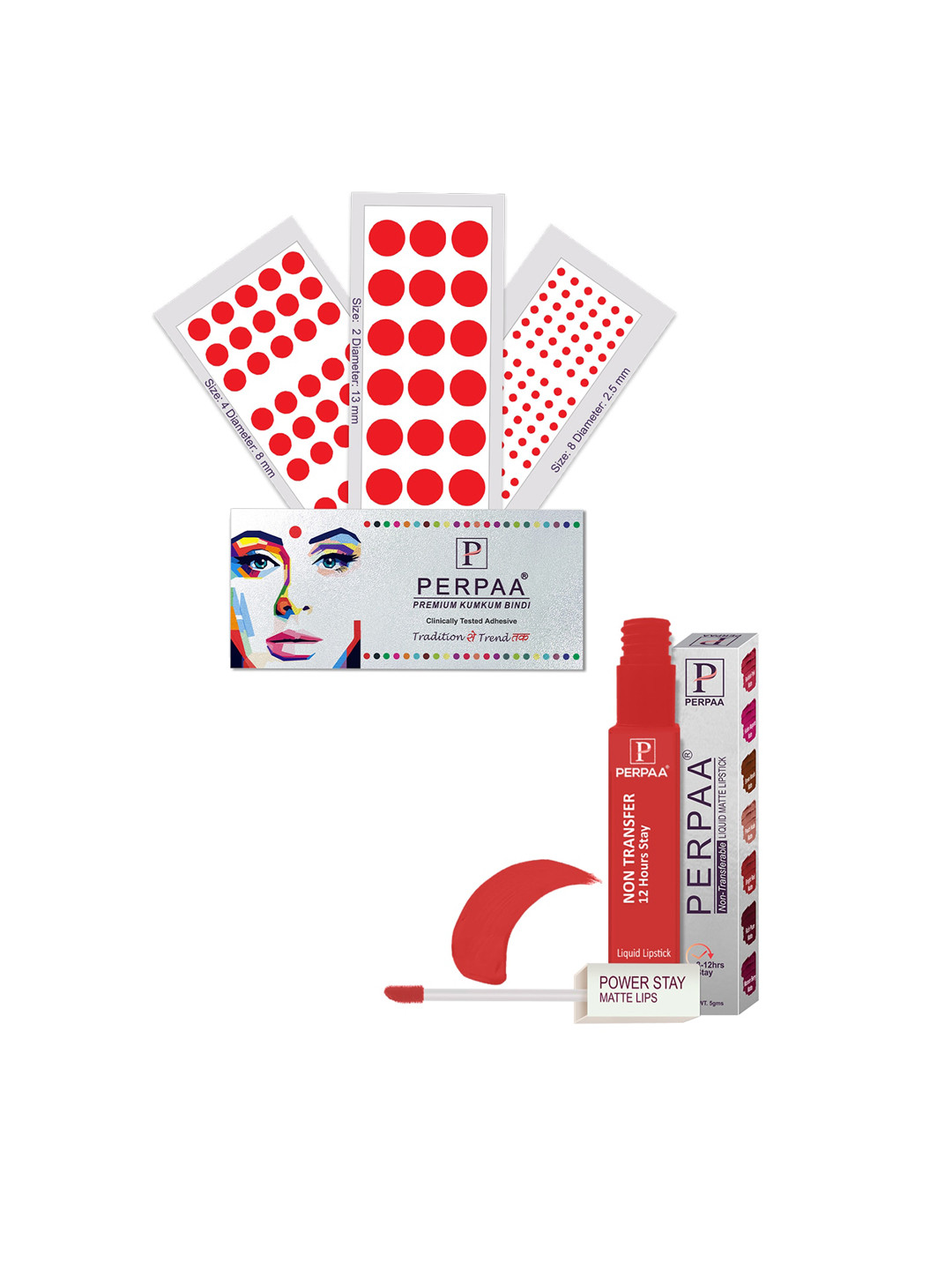 PERPAA Power Stay Non Transfer Lipstick-01 & Set of 3 Premium Red Bindis - Size 02,08,04