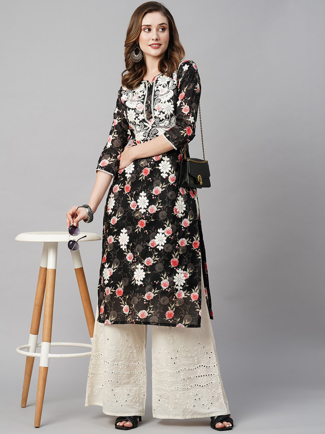 RATAN Floral Screen Printed Thread Work Pure Cotton Straight Kurta