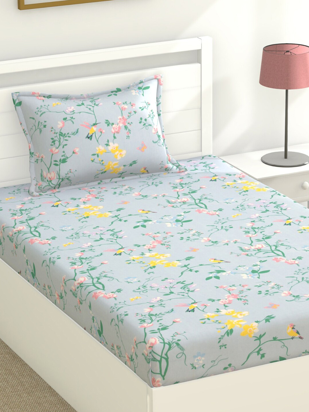 haus & kinder Blue & Green Floral Pure Cotton 120 TC Single Bedsheet With 1 Pillow Cover