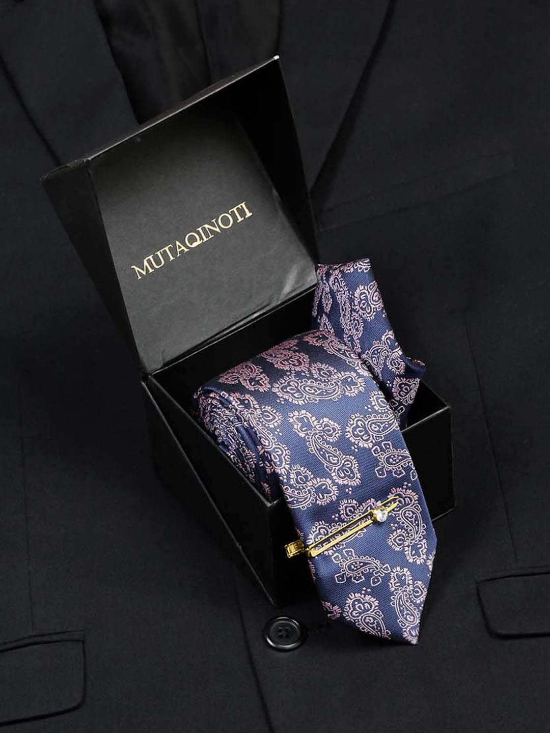 MUTAQINOTI Men Woven Design Micro Silk Necktie Accessory Gift Set