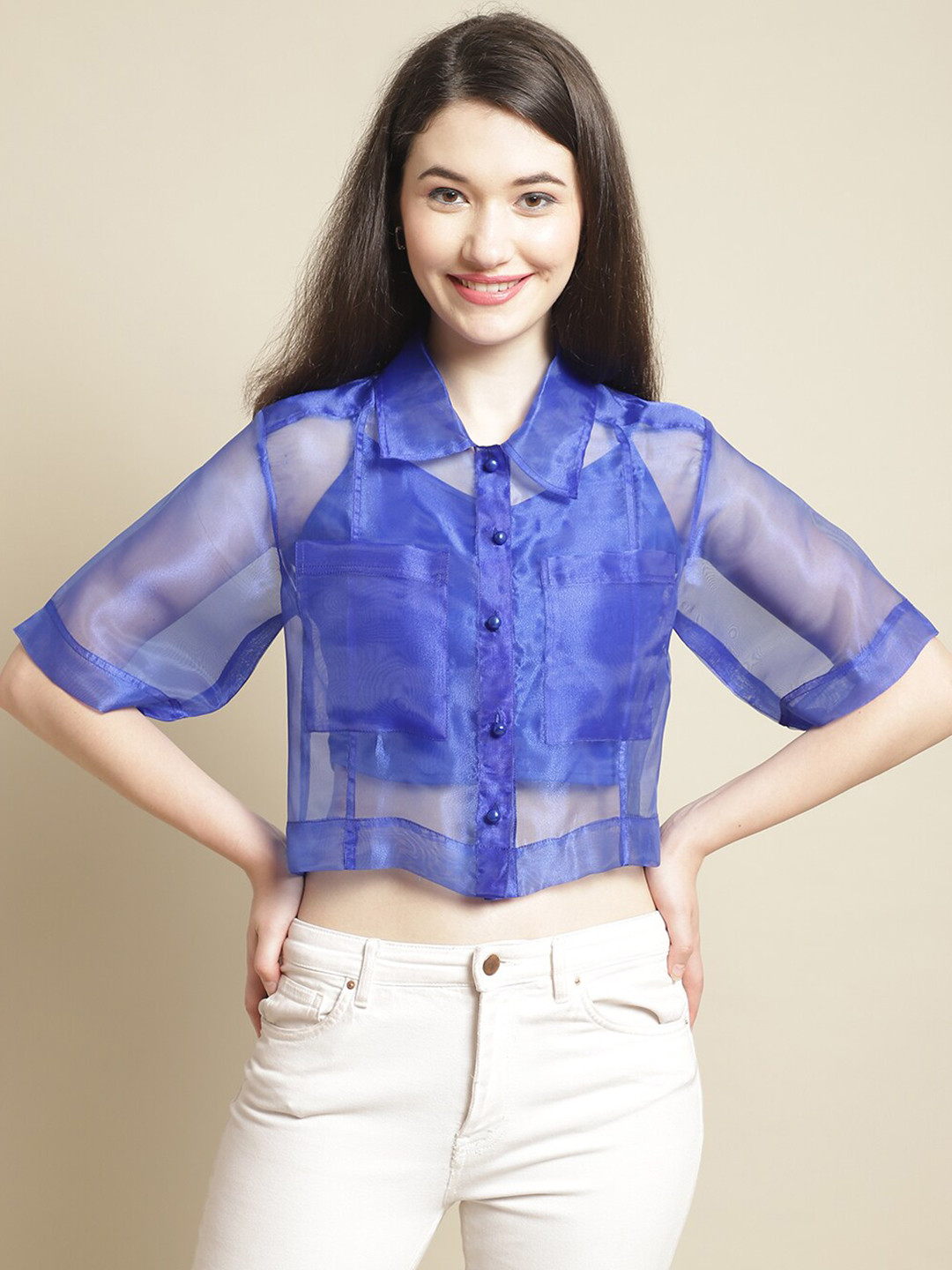 BLANC9 Sheer Shirt Style Crop Top