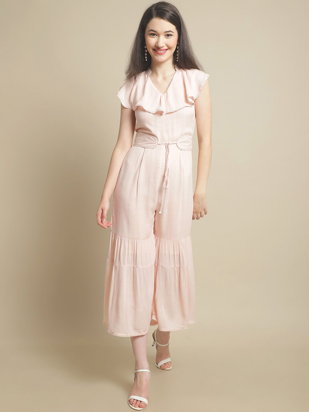 BLANC9 Self Design Mandarin Collar Capri Jumpsuit