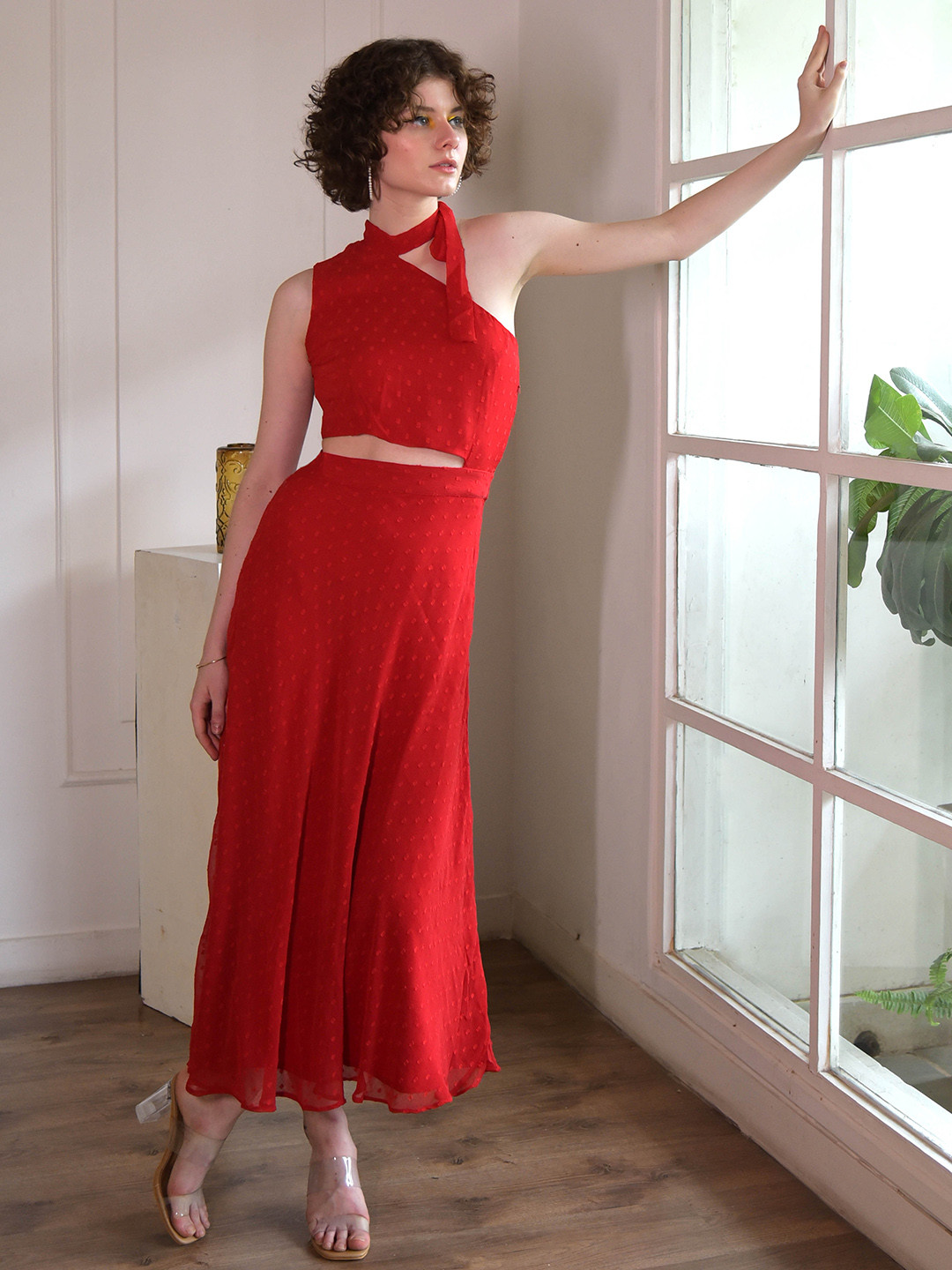 BLANC9 Self Design One Shoulder Neck Fit & Flare Dress