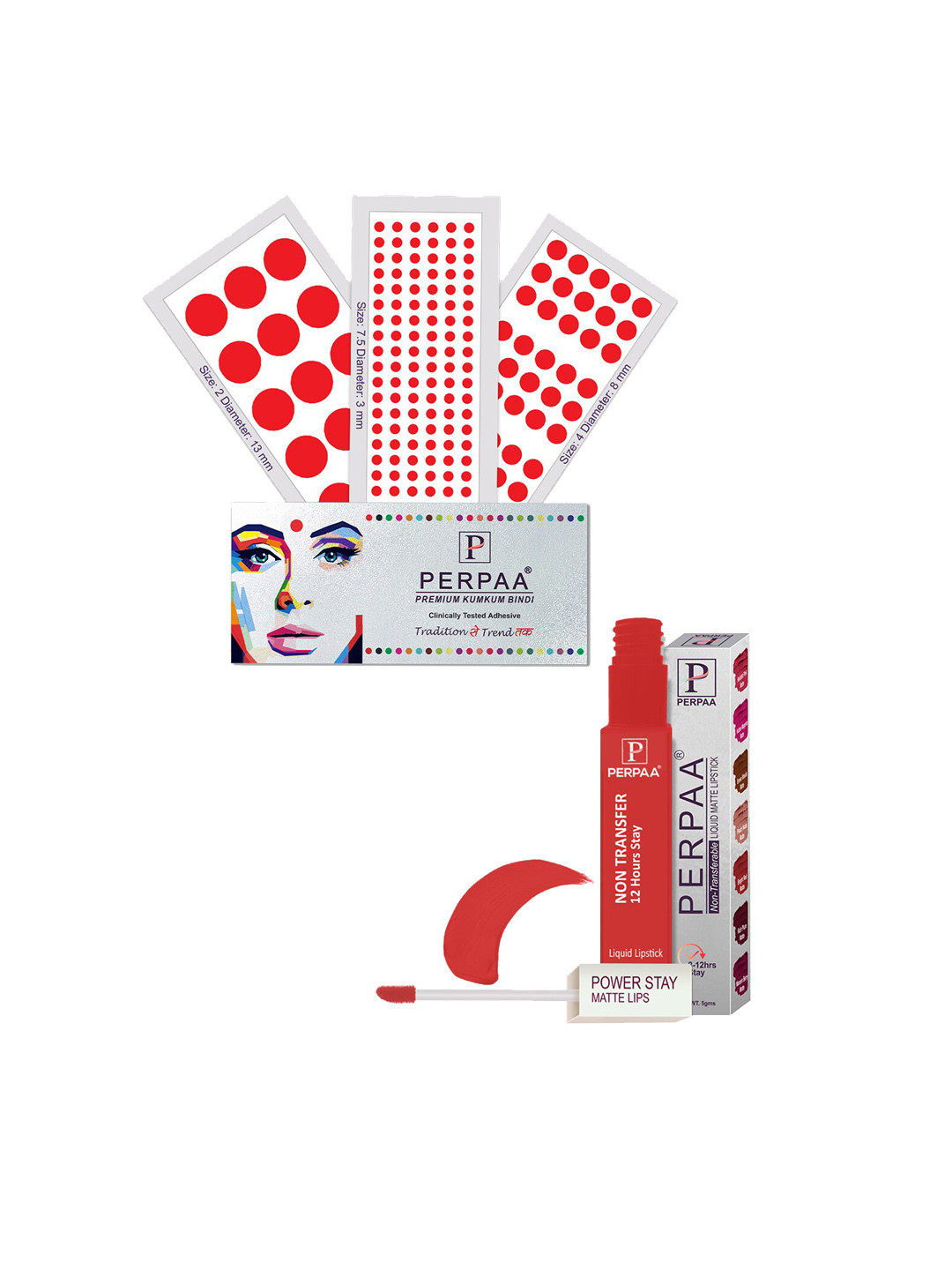 PERPAA Power Stay Non Transfer Lipstick-01 & Set of 3 Premium Red Bindis- Size 7.5,02,04