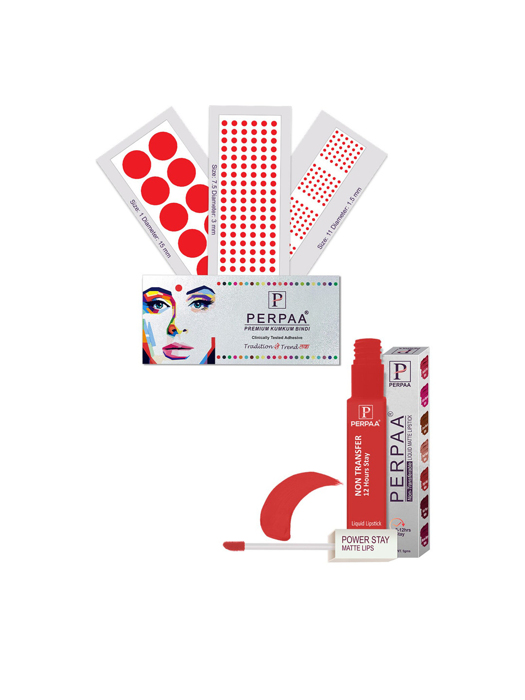 PERPAA Power Stay Liquid Lipstick - 01 with 3 Premium Red Bindi Flaps - Size 7.5,01,11