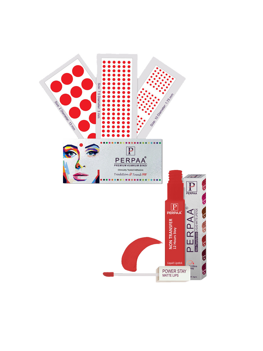 PERPAA Power Stay Non Transfer Lipstick-01 & Set of 3 Premium Red Bindis- Size 7.5,02,10
