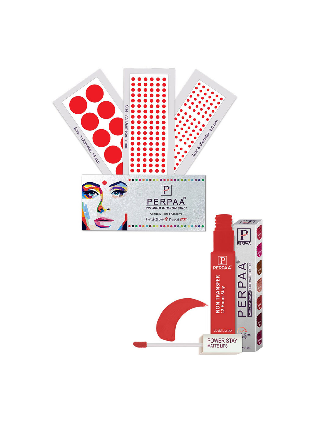 PERPAA Power Stay Non Transfer Lipstick-01 & Set of 3 Premium Red Bindis - Size 7.5,01,08