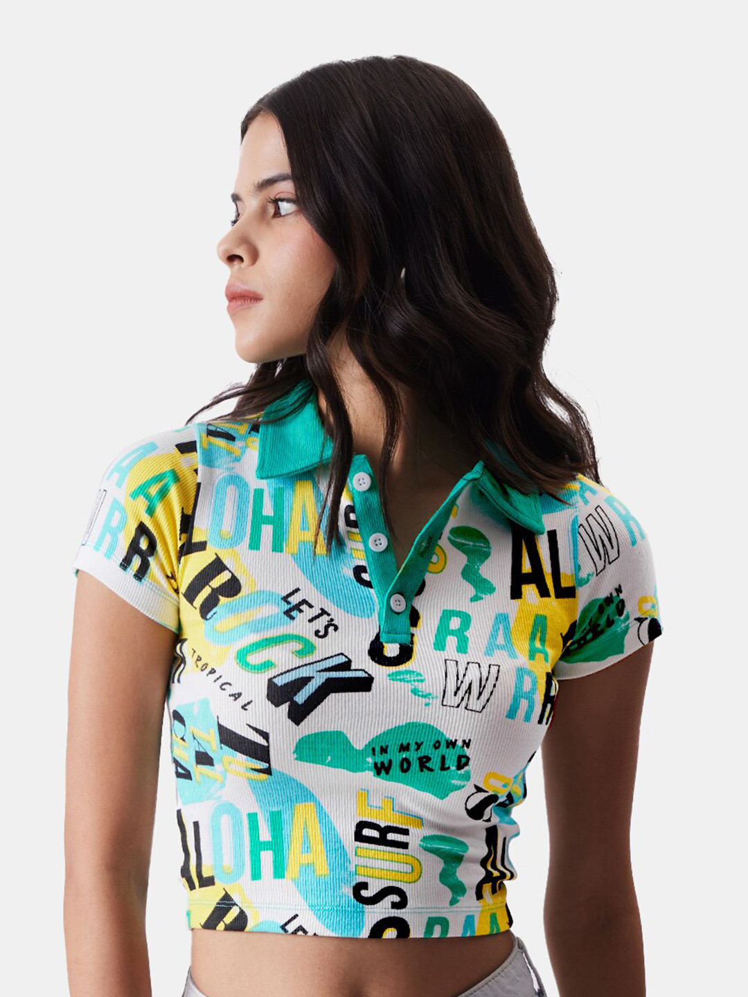 The Souled Store White & Sea Green Typography Printed Polo Collar Slim Fit T-Shirt
