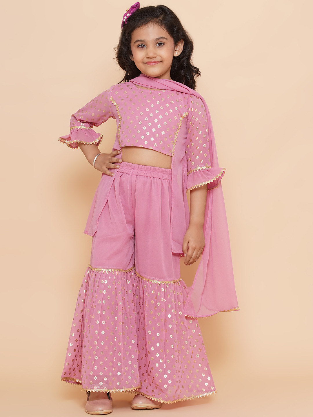 Aj DEZInES Girls Ethnic Motifs Foil Printed Panelled Top & Sharara With Dupatta