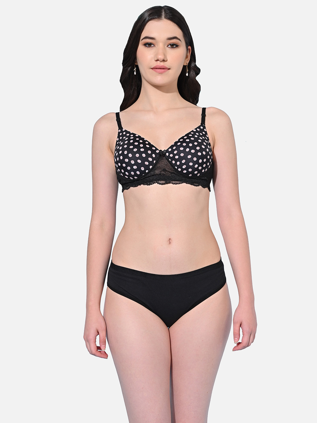 FIMS Printed Lace Lightly Padded Non-Wired Lingerie Set SLK-V_Set_Black_B