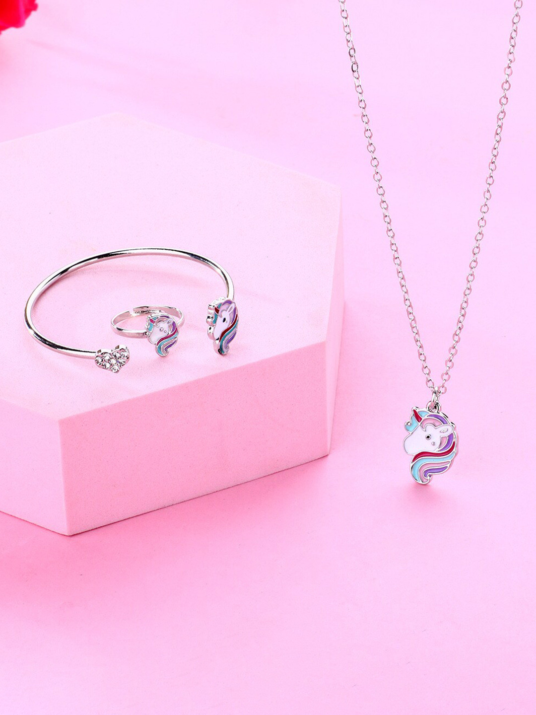 EL REGALO Stone Studded Unicorn Necklace, Ring and Bracelet Jewellery Set