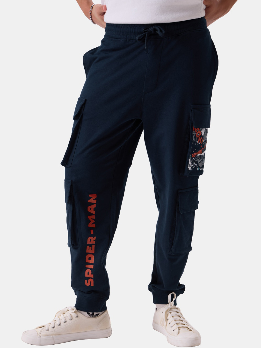 The Souled Store Men Navy Blue Relaxed Spider-Man Printed Travel Cargos Trousers