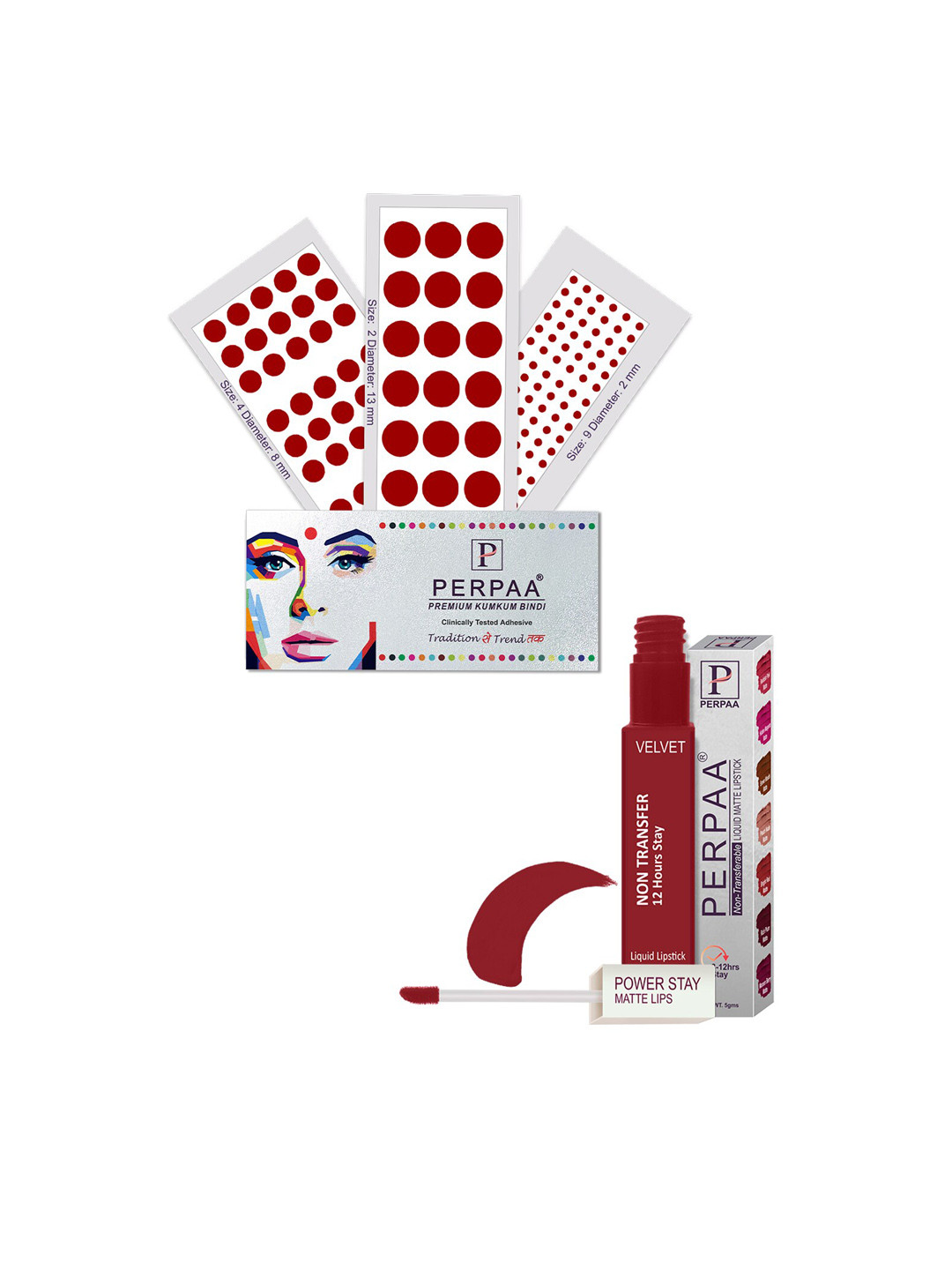 PERPAA Power Stay Non Transfer Lipstick-22 & Set of 3 Premium Maroon Bindis -Size 02,09,04