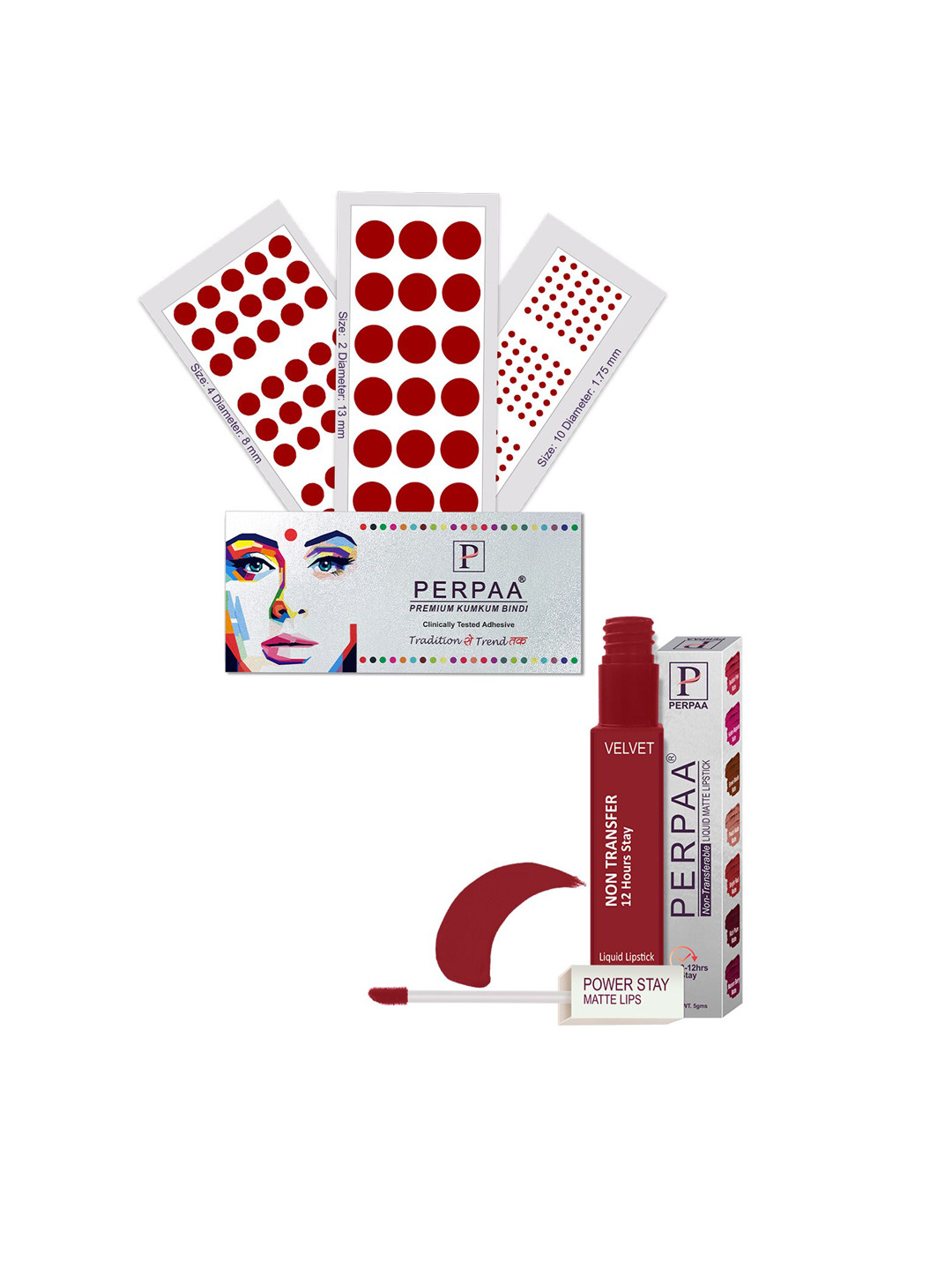 PERPAA Power Stay Non Transfer Lipstick-22 & Set of 3 Premium Bindis - Size 02,10,04