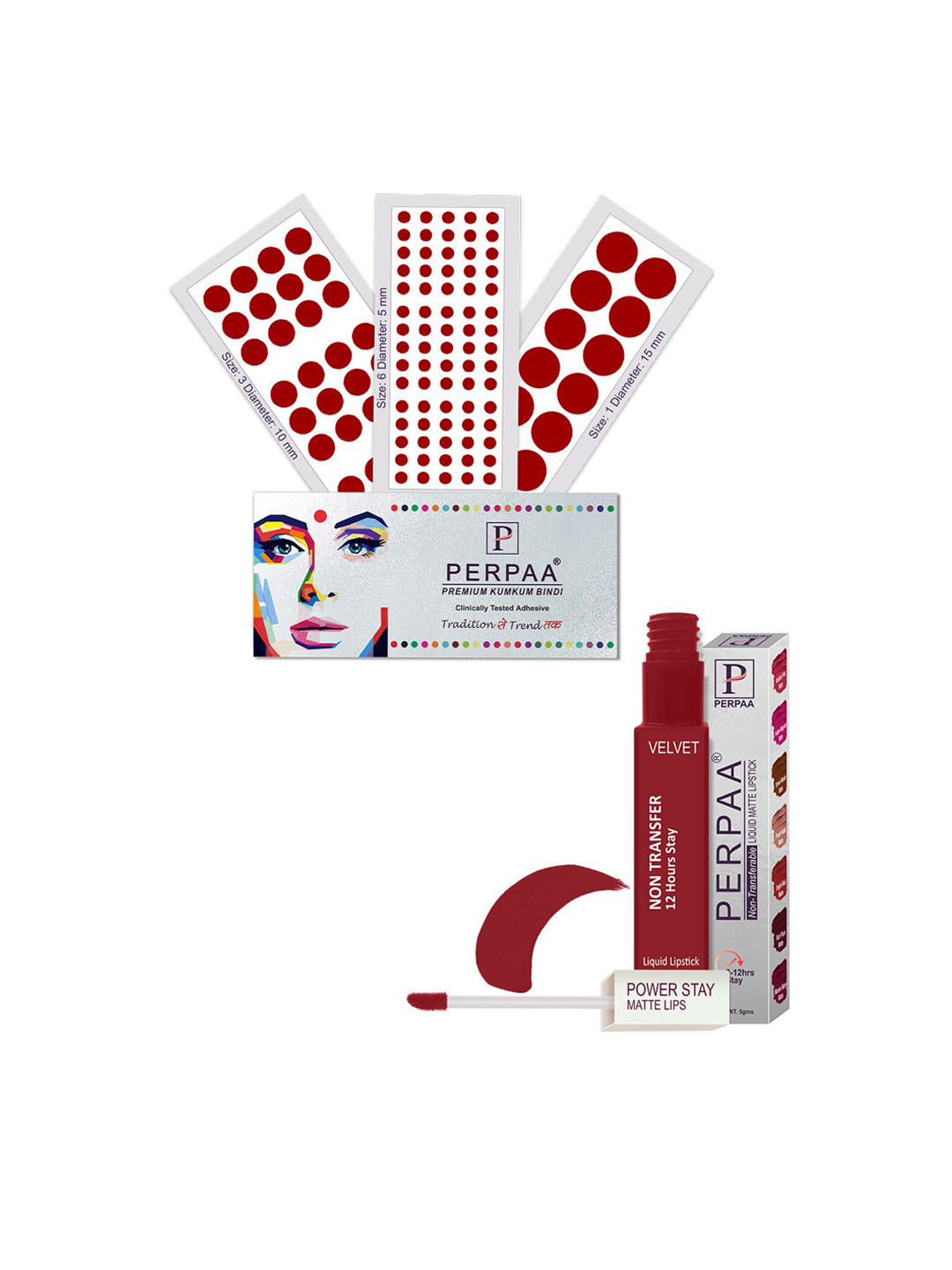 PERPAA Power Stay Non Transfer Lipstick-22 & Set of 3 Premium Bindis - Size 01,03,06