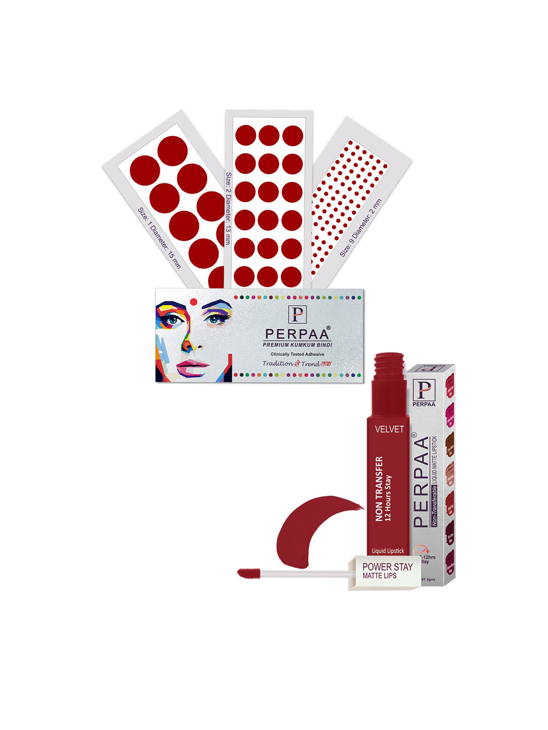 PERPAA Power Stay Non Transfer Lipstick - Shade 22 & Set of 3 Premium Light Maroon Bindis