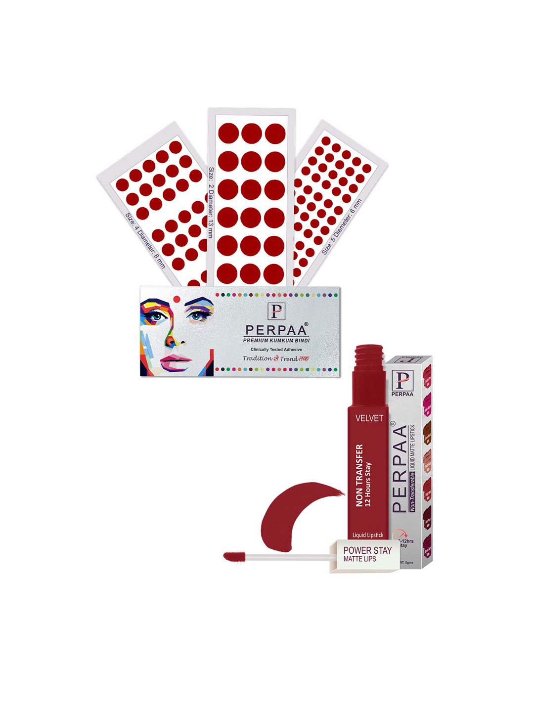 PERPAA Power Stay Liquid Lipstick - 22 with 3 Premium Maroon Bindi Flaps - Size 02,05,04