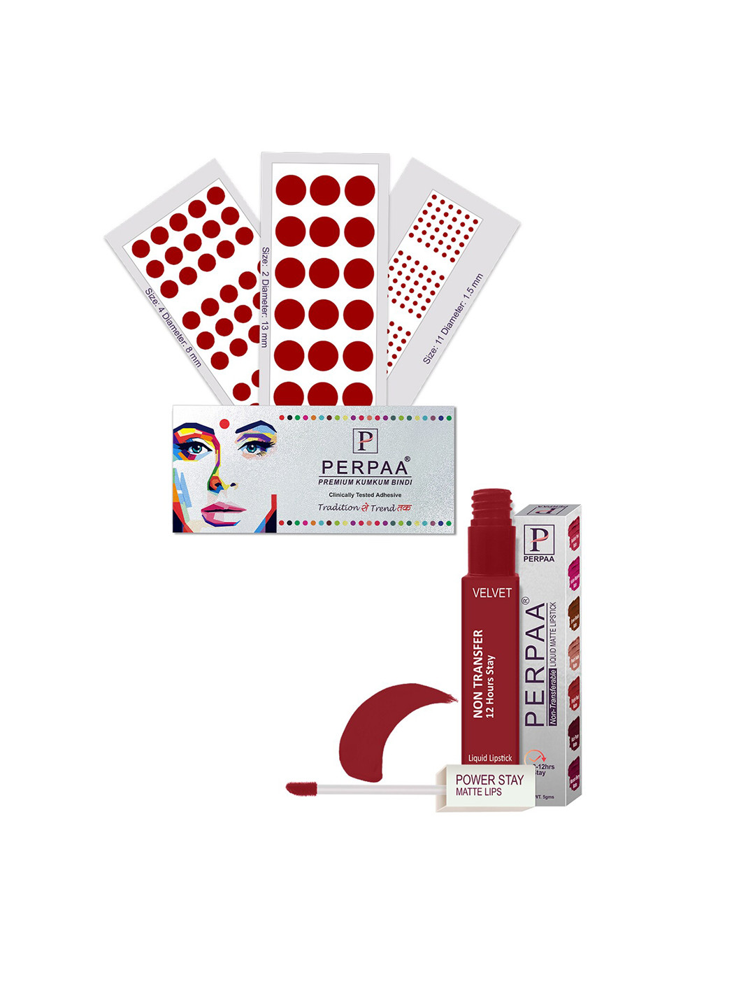 PERPAA Power Stay Non Transfer Lipstick-22 & Set of 3 Premium Bindis - Size 02,11,04