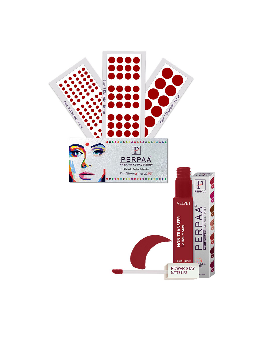 PERPAA Power Stay Non Transfer Lipstick - Shade 22 & Set of 3 Premium Light Maroon Bindis