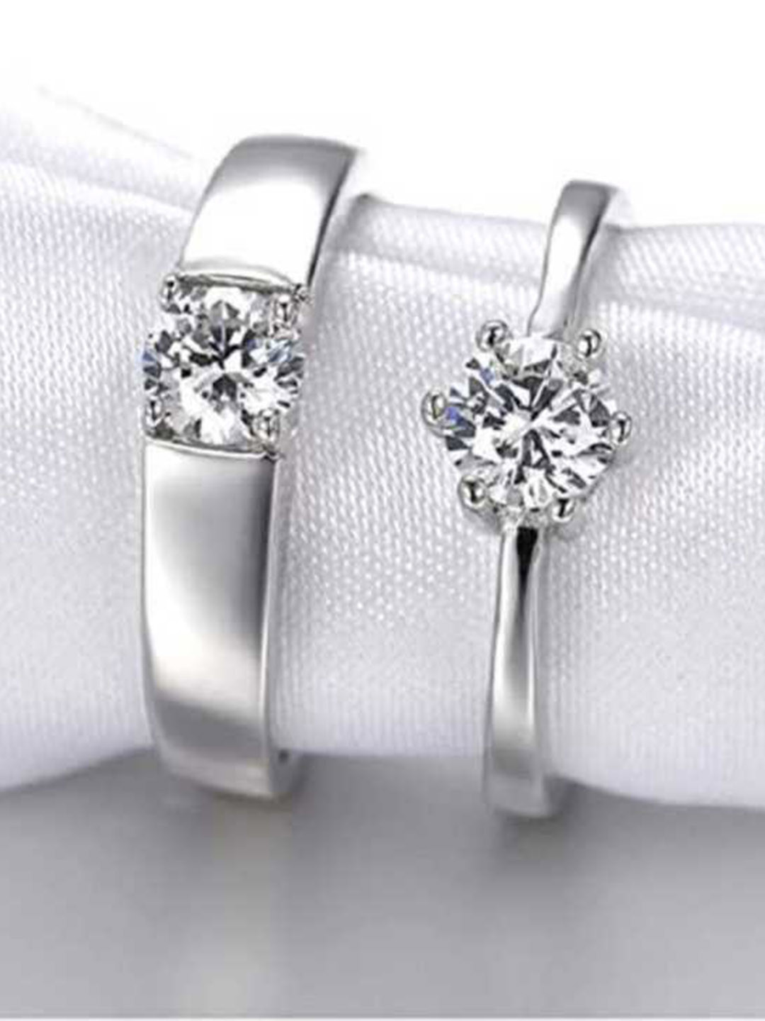 MEENAZ Unisex Set Of 2 Silver-Plated Solitaire American Diamond-Studded Couple Rings