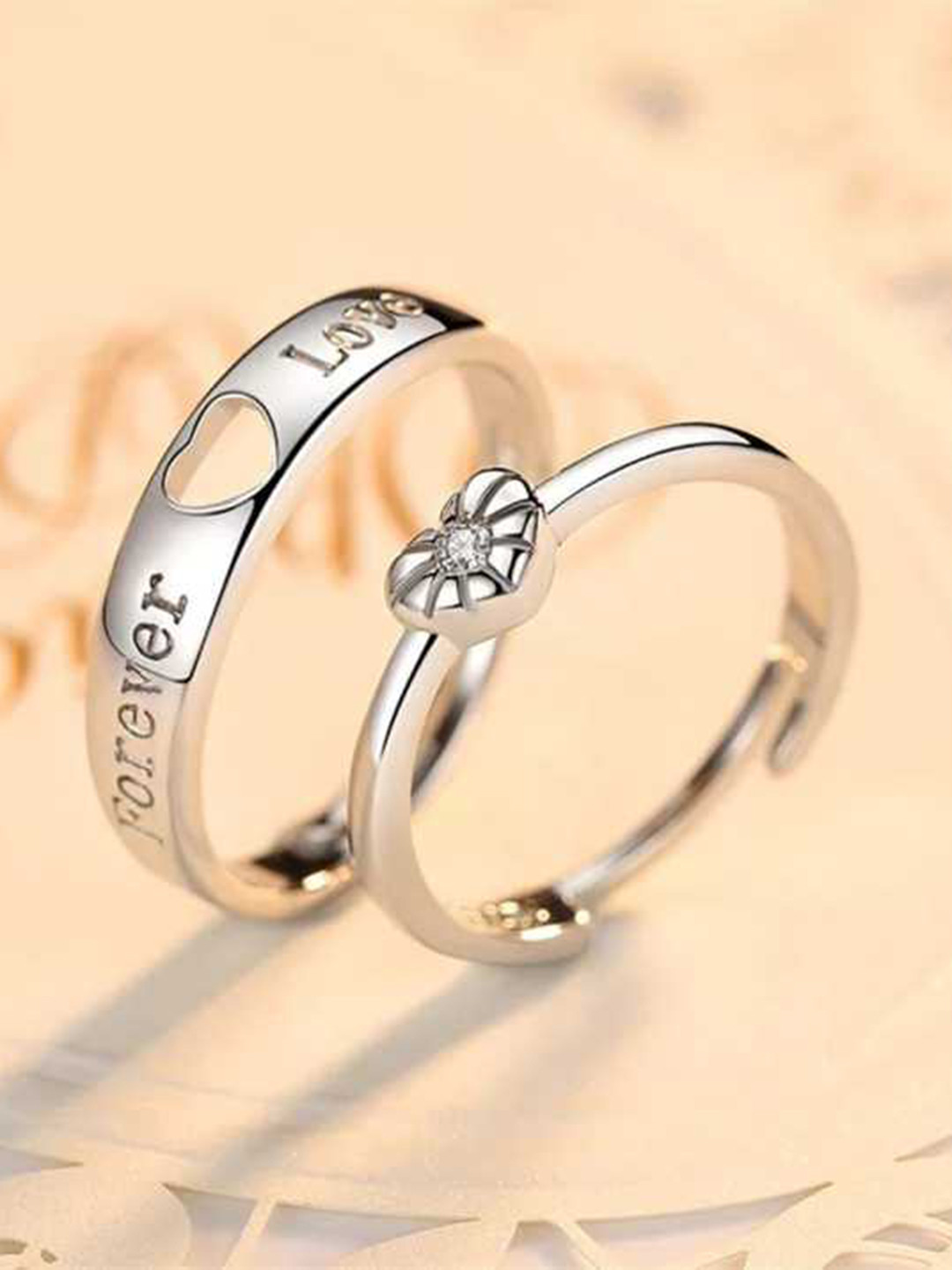 MEENAZ Set Of 2 Silver-Plated Heart Charm American Diamond-Studded Couple Finger Rings