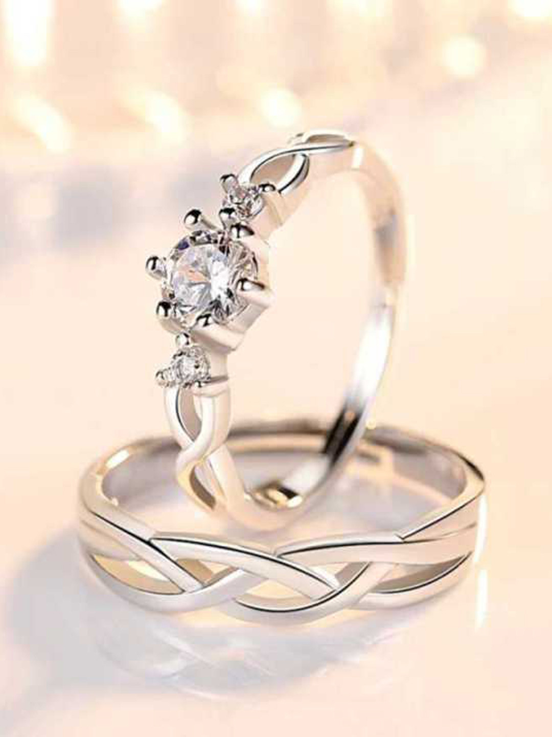 MEENAZ Silver-Plated American Diamond-Studded Couple Rings