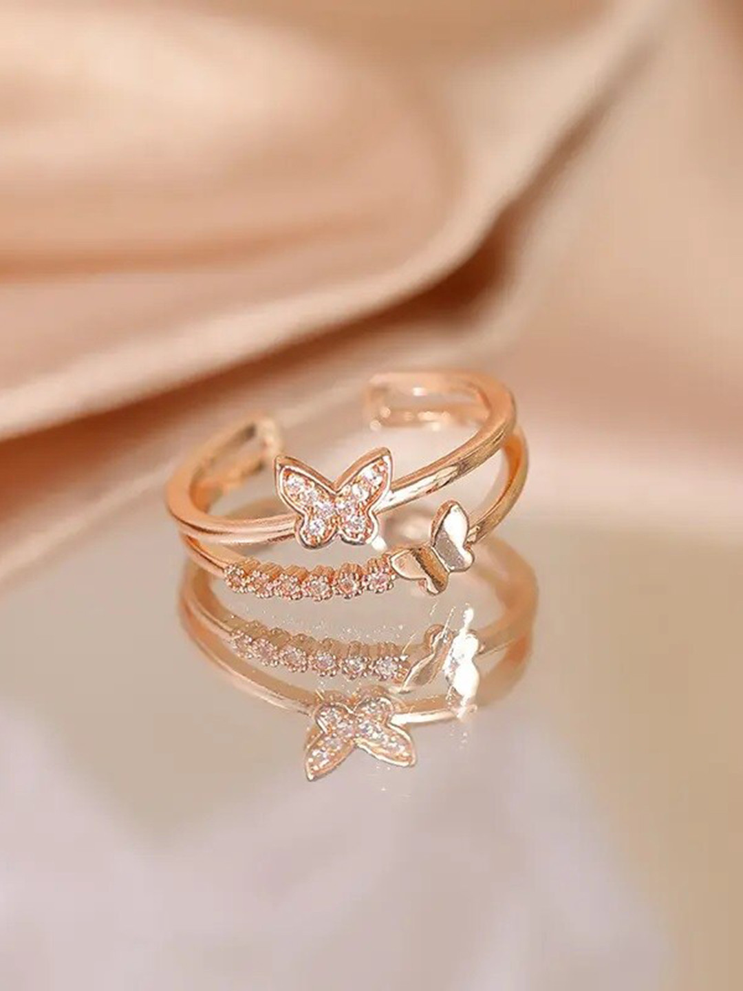 MEENAZ Set Of 2 Rose Gold-Plated CZ Studded Finger Rings