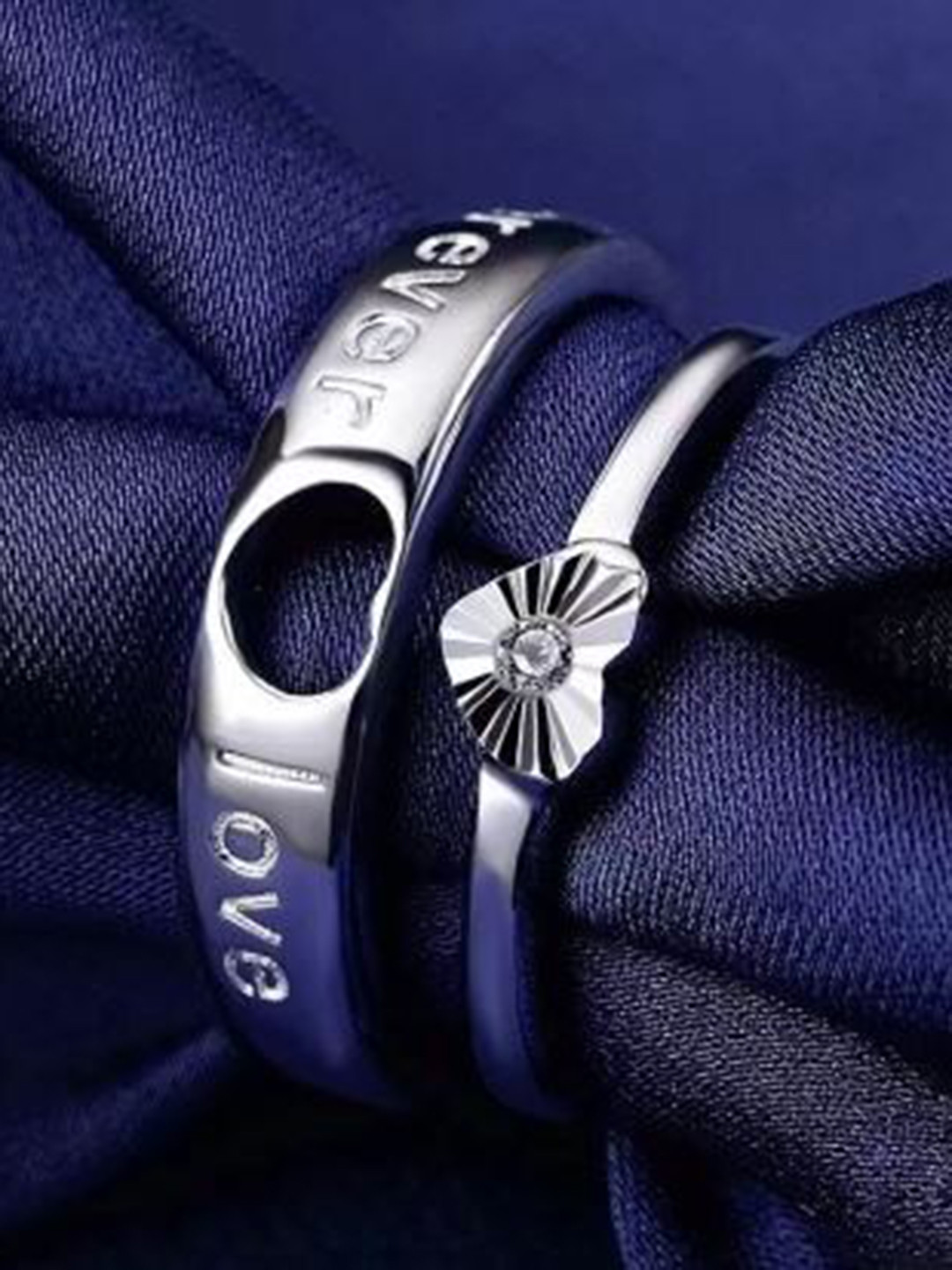 MEENAZ Set Of 2 Silver-Plated Heart Charm Studded Adjustable Couple Rings