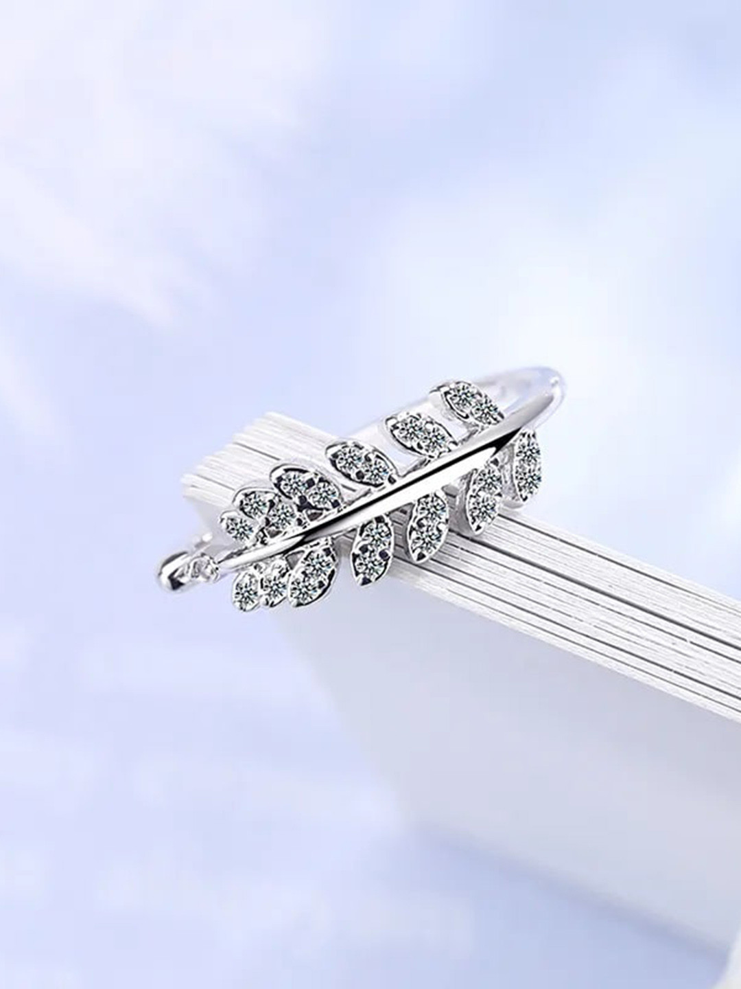 MEENAZ Silver-Plated American Diamond-Studded Leaf Shaped Stainless Steel Finger Ring