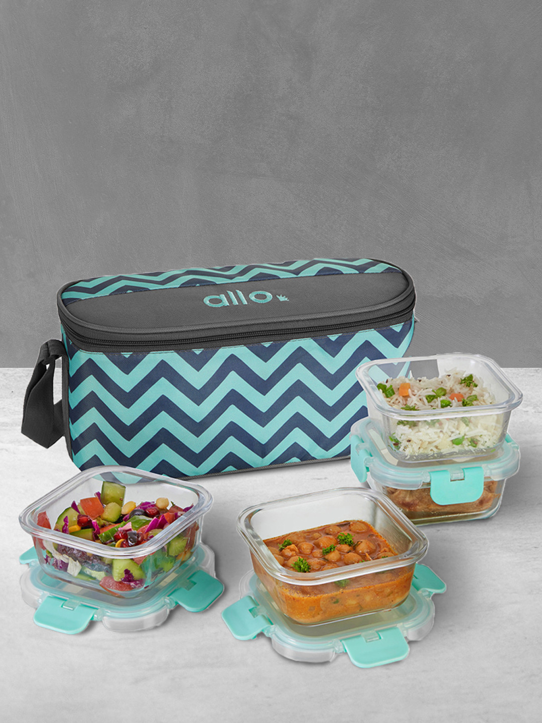 Allo CM402XX Green Solid Glass Oven Safe 4PCs Lunch Box With Spoon and Fork