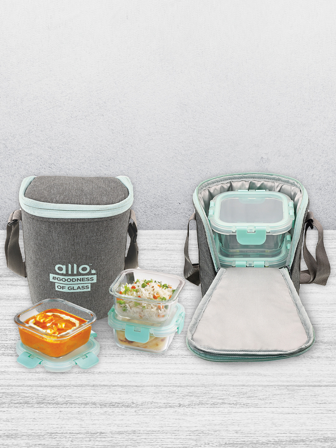 Allo DG331SV Green Solid Glass Oven Safe 4PCs Lunch Box With Spoon and Fork