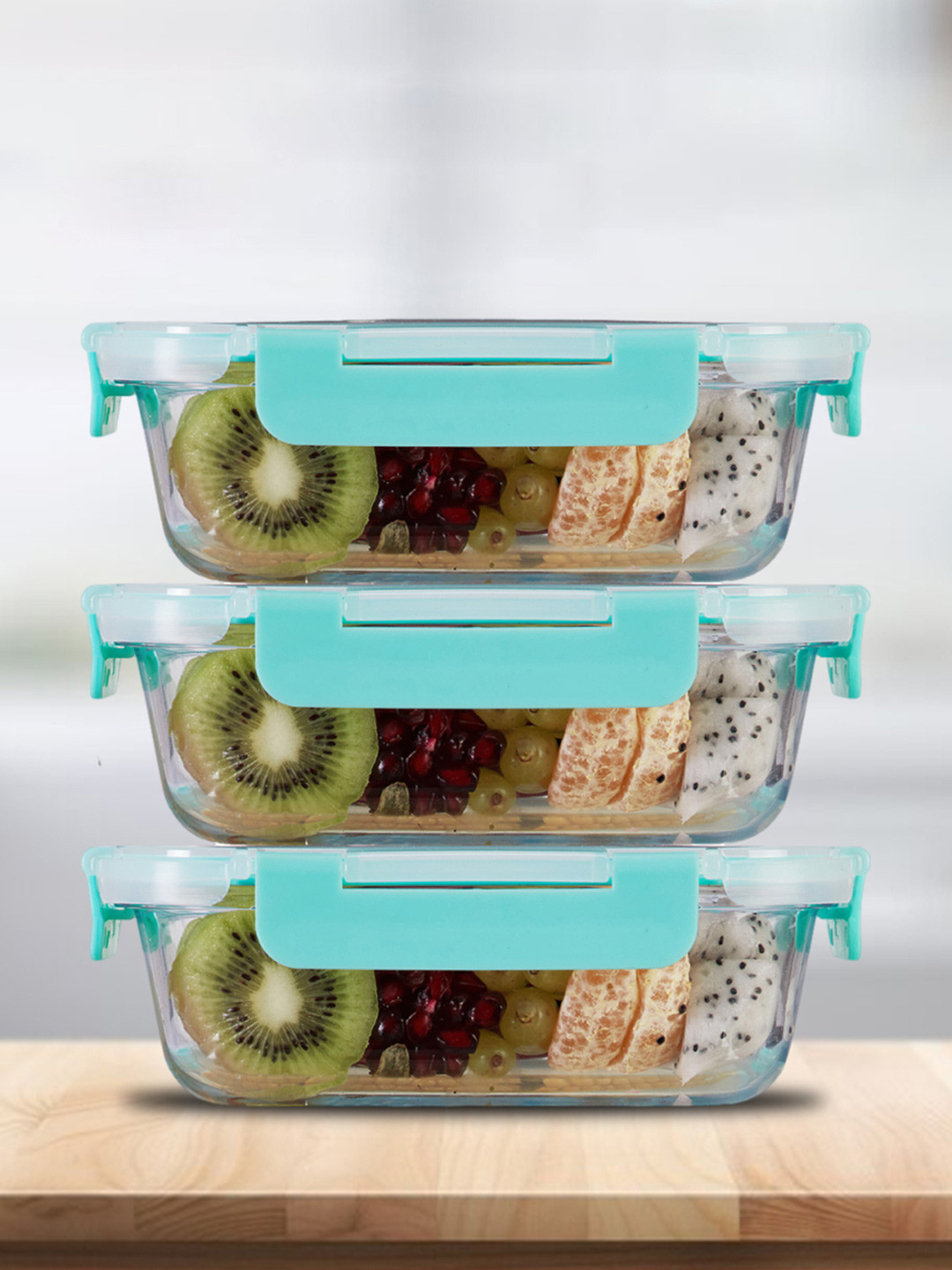 Allo CL364RG Green Solid Glass Oven Safe 3PCs Lunch Box With Spoon and Fork