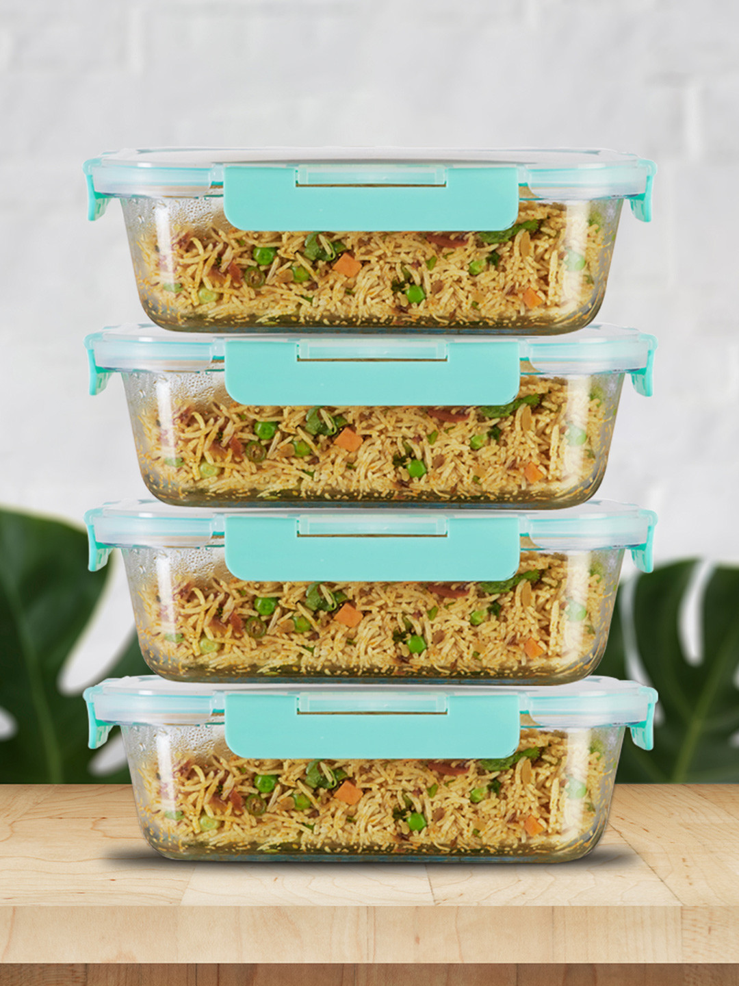 Allo CL415RG Green Solid Glass Oven Safe 4PCs Lunch Box With Spoon and Fork