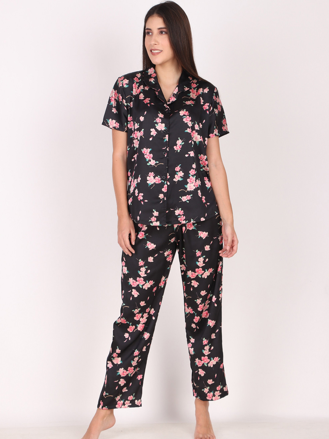 Masha Women Black & Pink Floral Printed Night suit