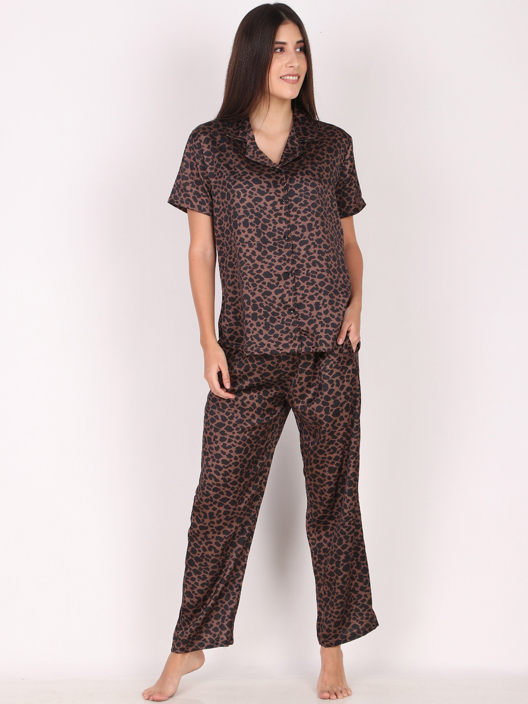 Masha Women Black & Brown Animal Printed Night suit