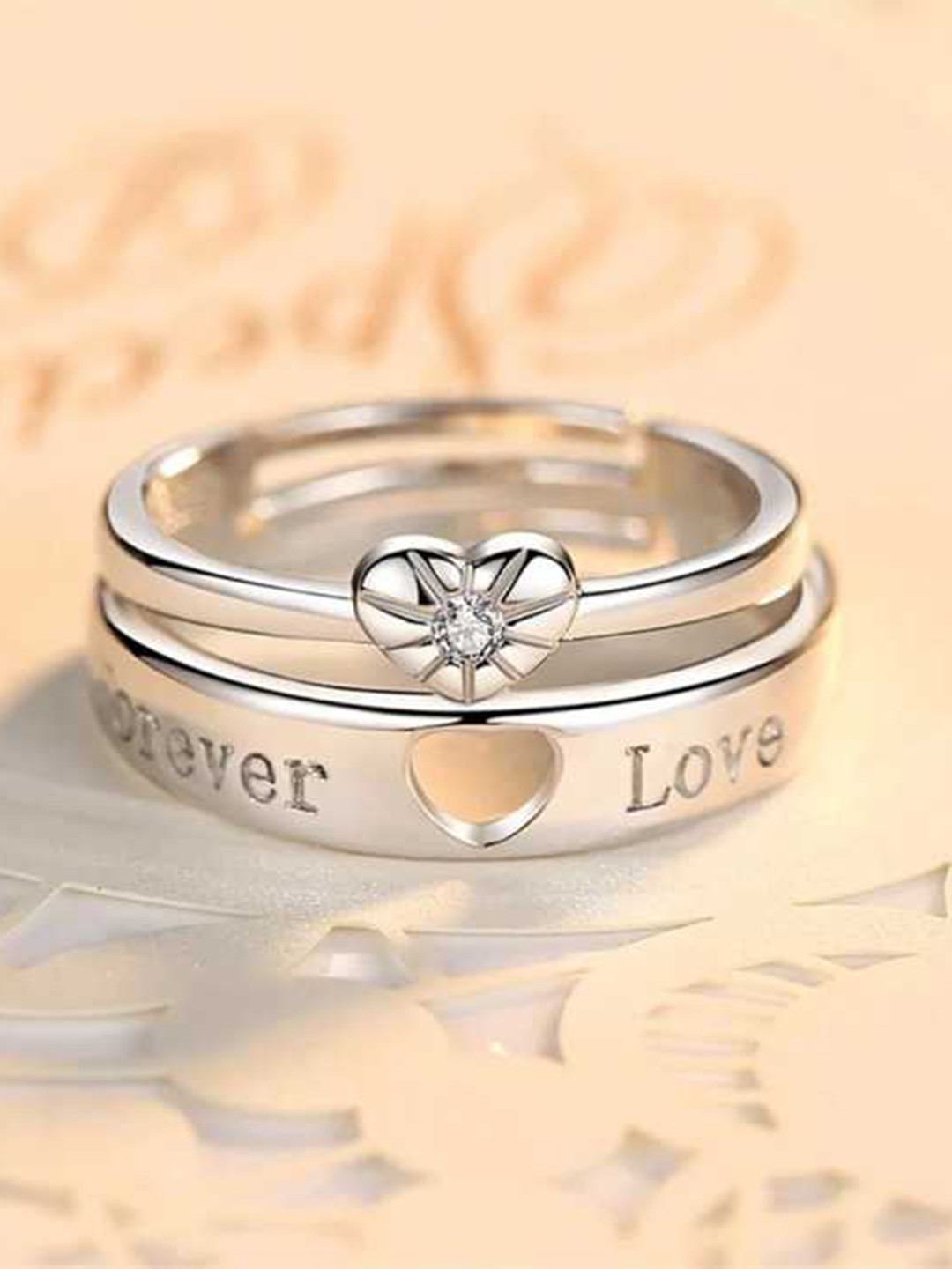 MEENAZ Set Of 2 Silver-Plated Heart Shape Adjustable Couple Rings