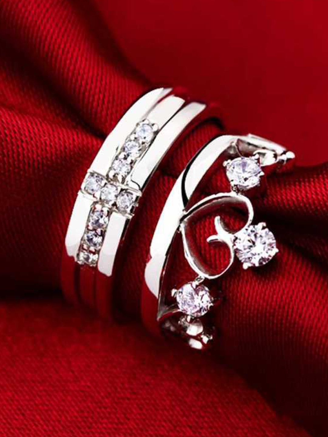 MEENAZ Unisex Set Of 2 Silver-Plated AD-Studded Adjustable Couple Finger Ring