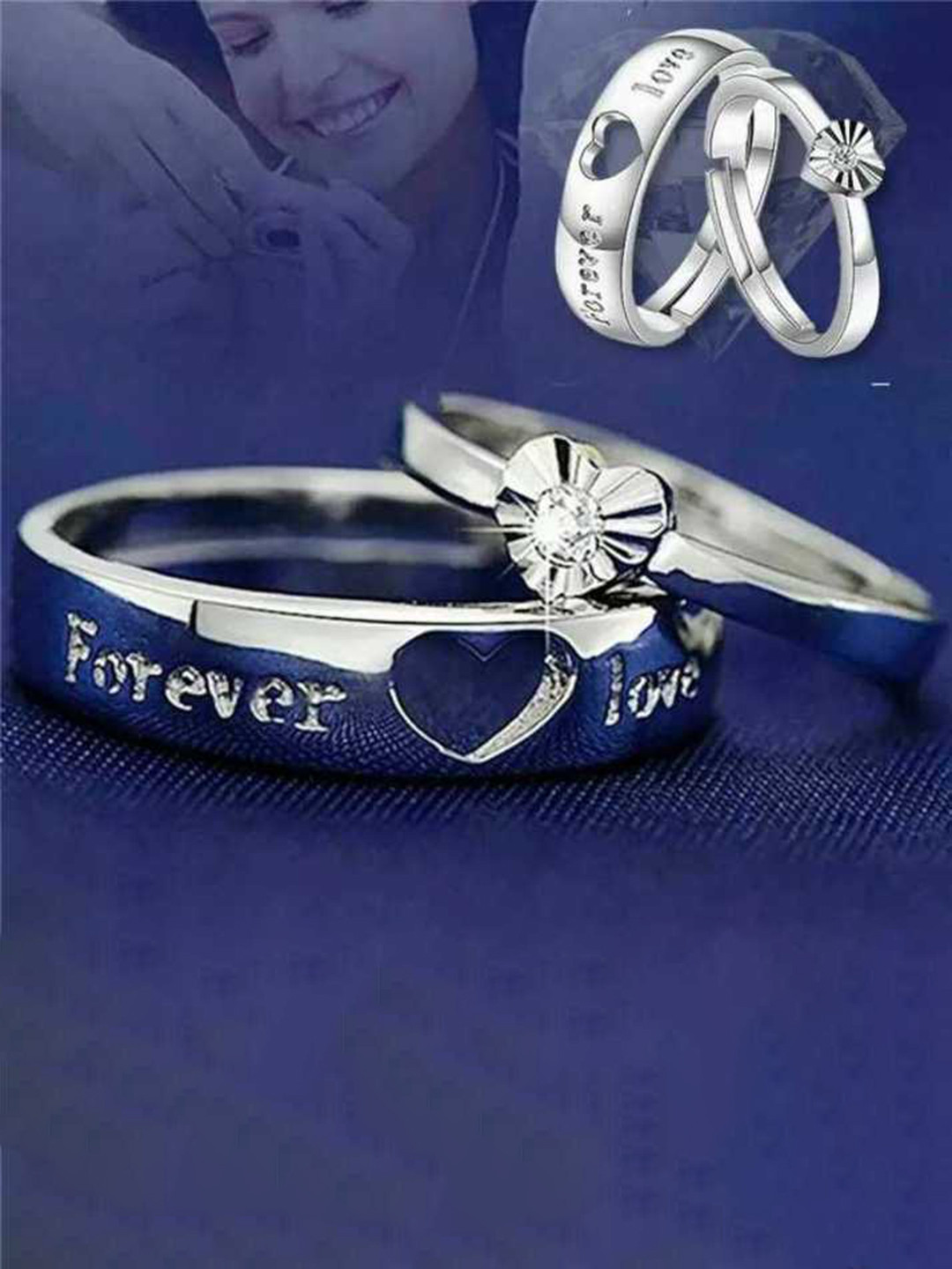 MEENAZ Set Of 2 Silver-Plated AD-Studded Heart Shaped Couple Adjustable Rings