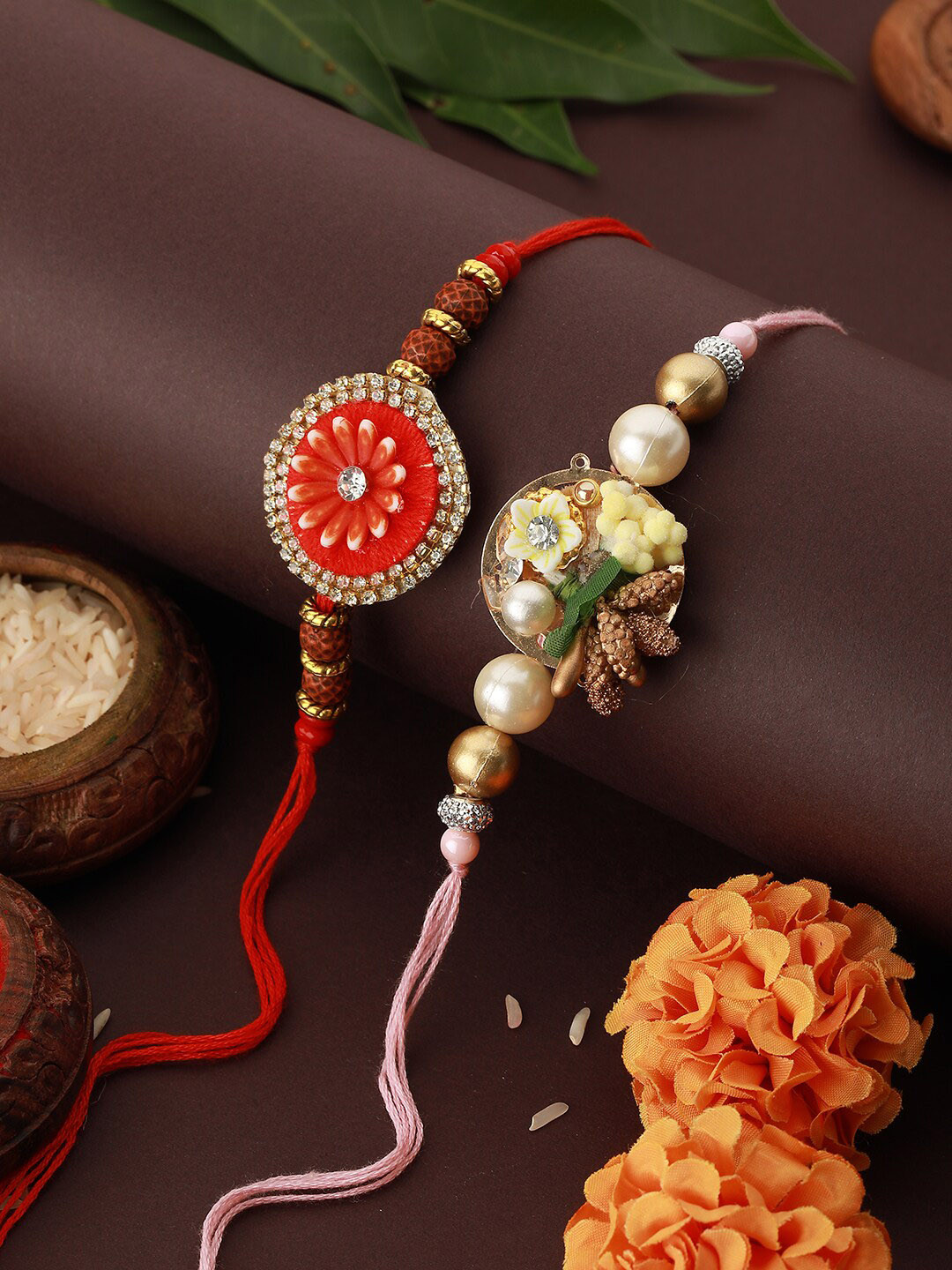 Saraf RS Jewellery Set Of 2 Kundan & Pearl Beaded Thread Rakhis With Roli Chawal