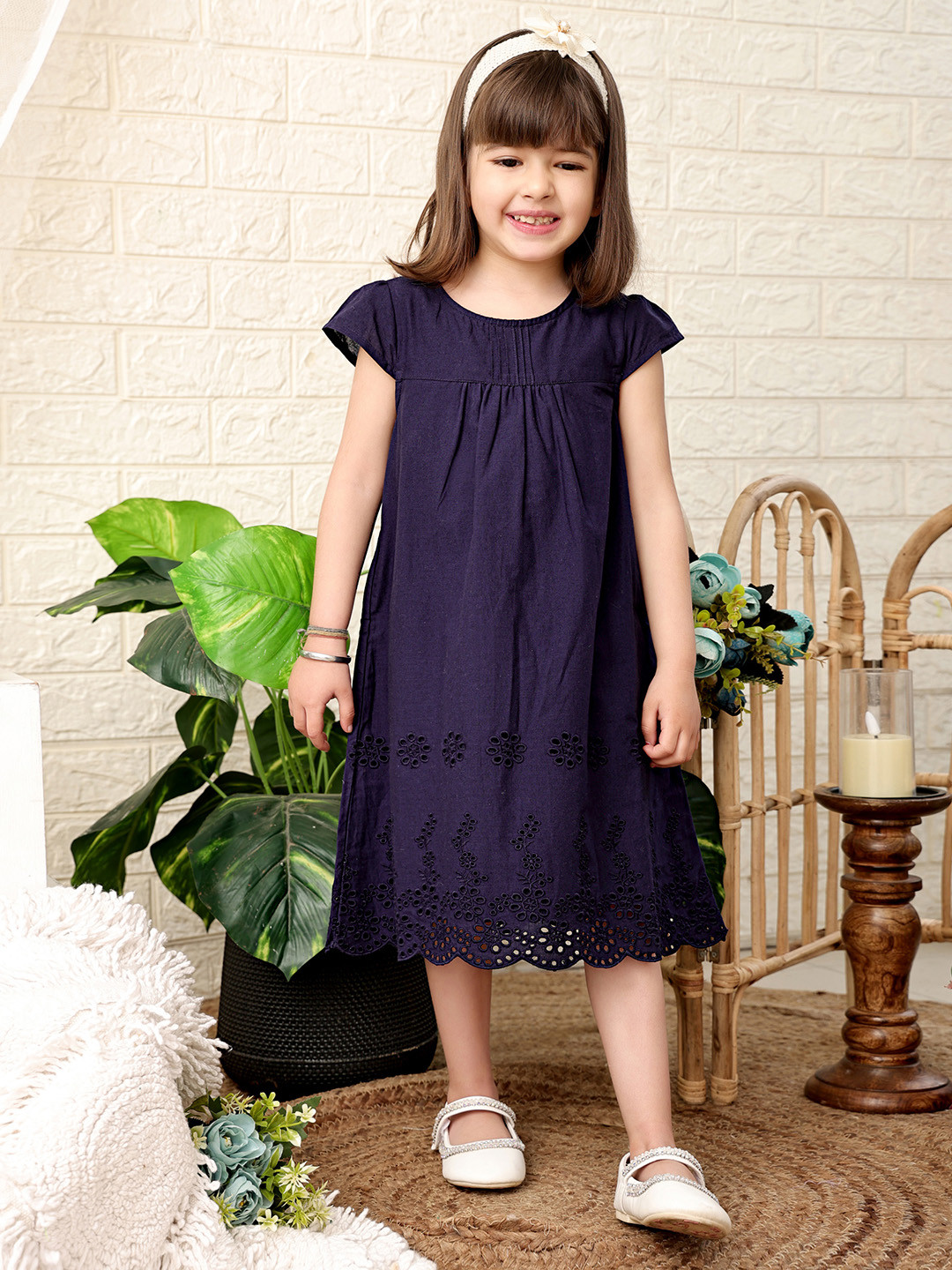 Beebay Girls Cut Out Detailed Round Neck Cap Sleeves Pure Cotton A-Line Dress