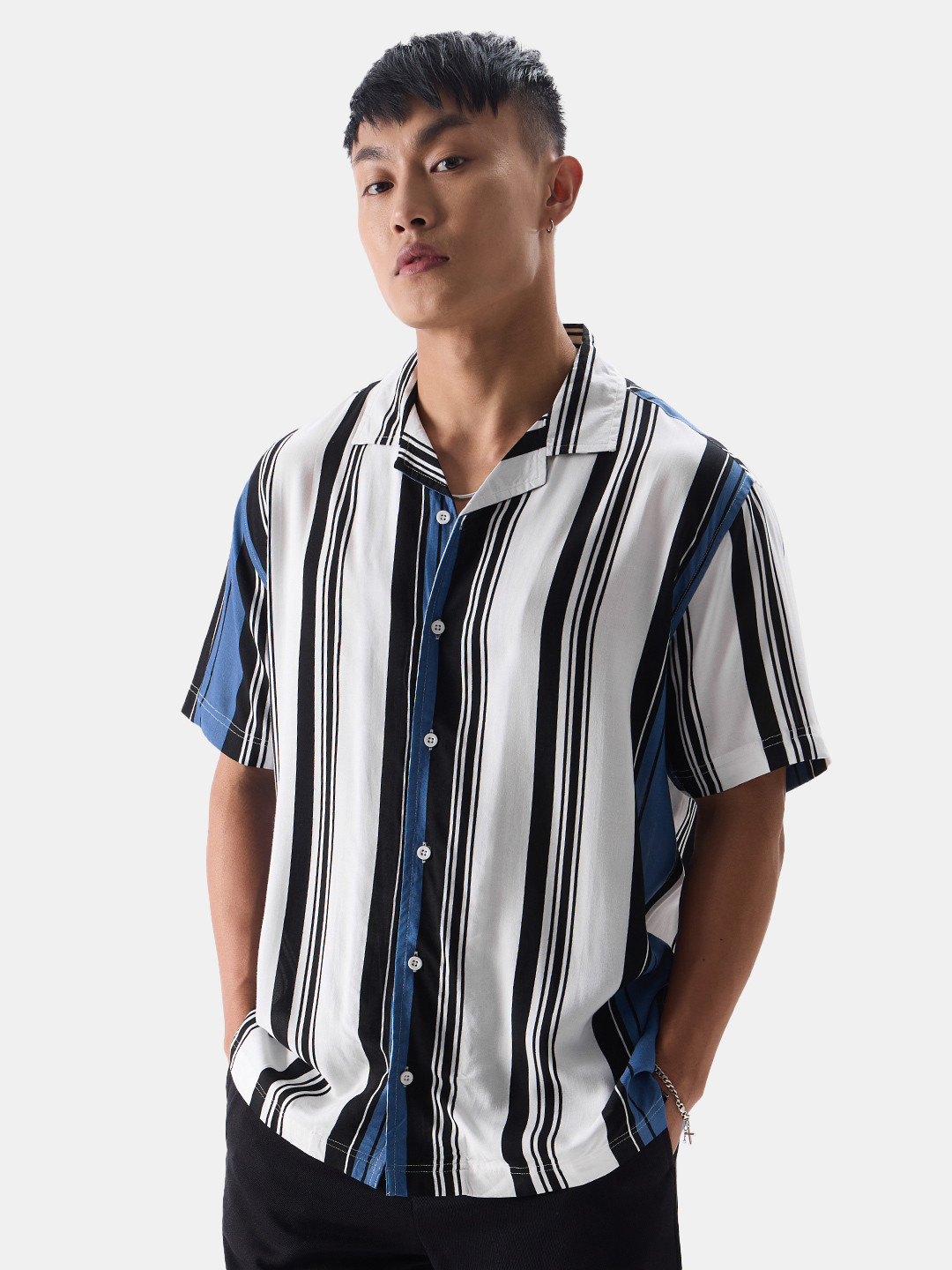 The Souled Store White And Blue Relaxed Striped Pure Cotton Casual Shirt