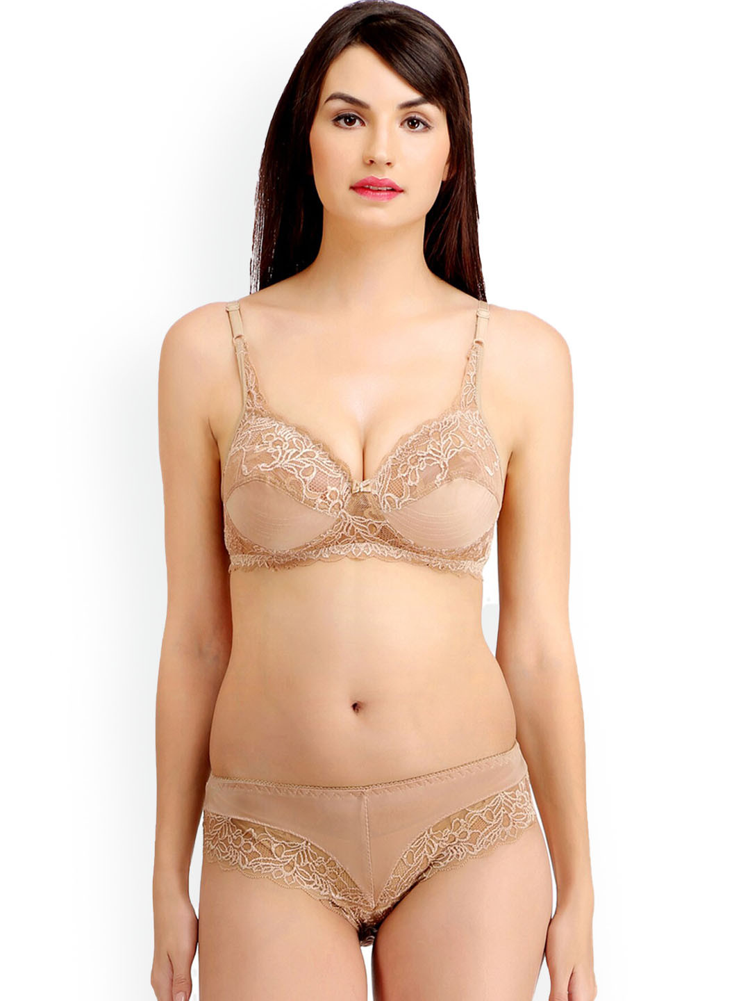 AROUSY Self Design Laced Cotton Lingerie Set N_Stich Set_Brown_40