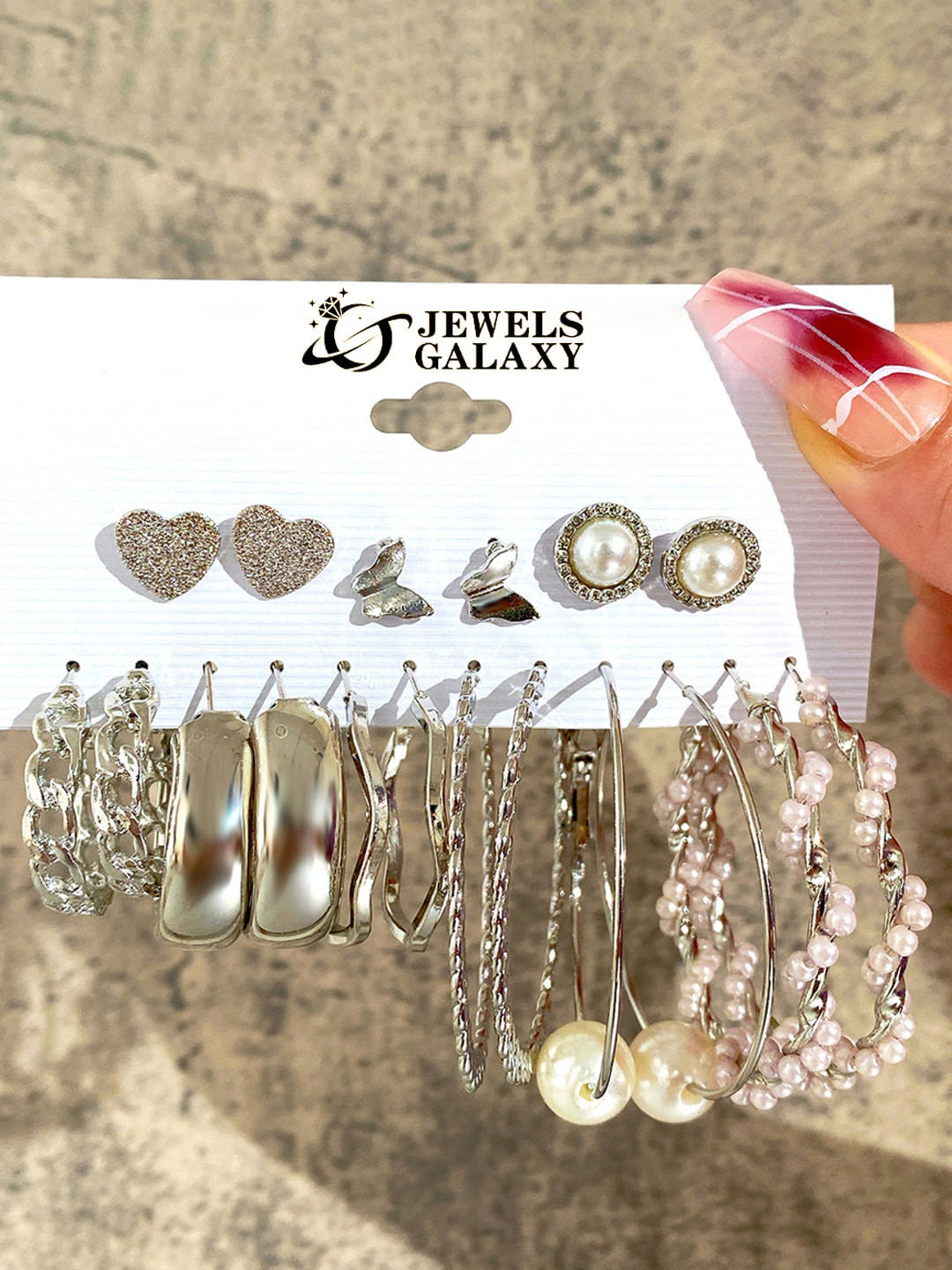 Jewels Galaxy Set Of 9 Silver-Plated Contemporary Studs Earrings